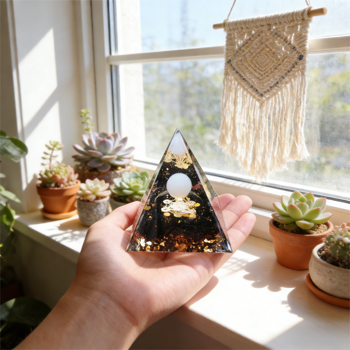 Black Obsidian Orgone Pyramid with Metatron's Cube - Ultimate Protection & Grounding