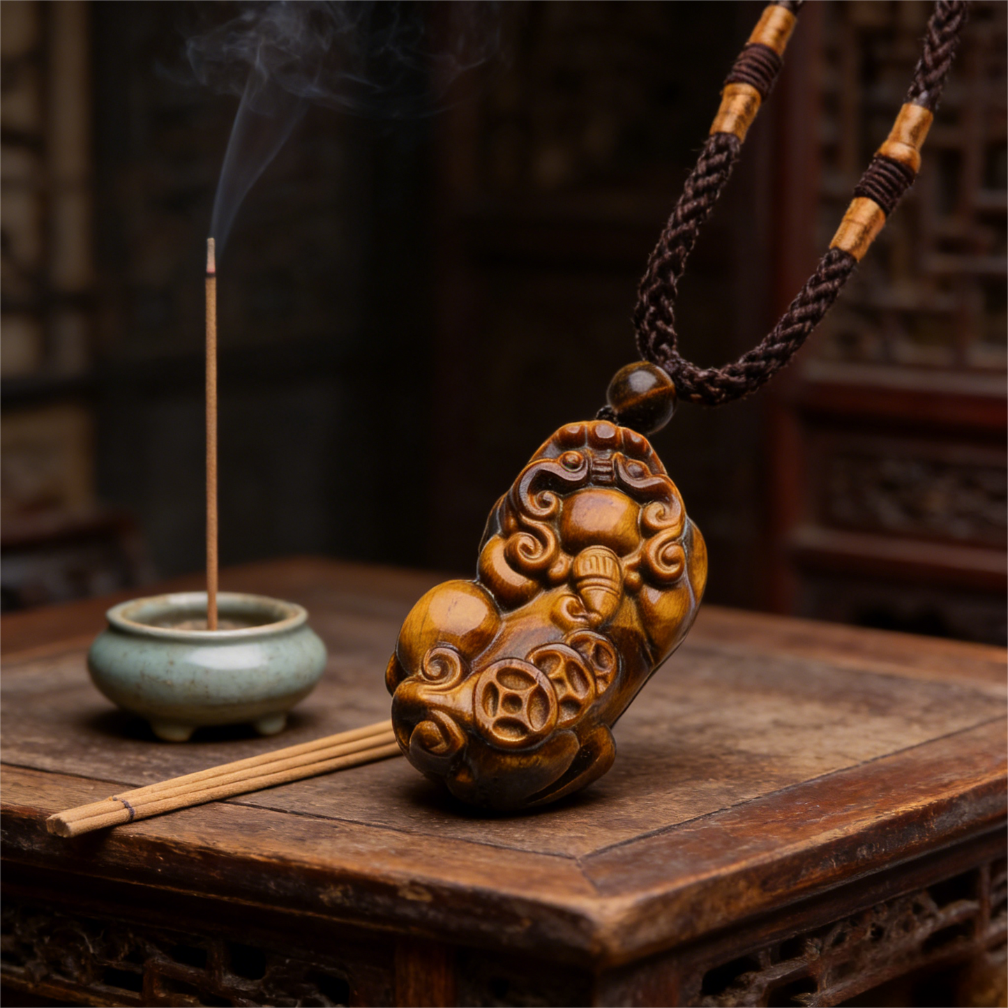 Golden Tiger Eye PiXiu Pendant Necklace product photo with natural stone detail