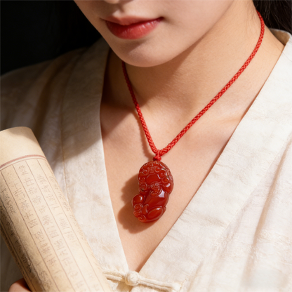 Red Agate PiXiu Pendant Necklace with polished natural stone finish