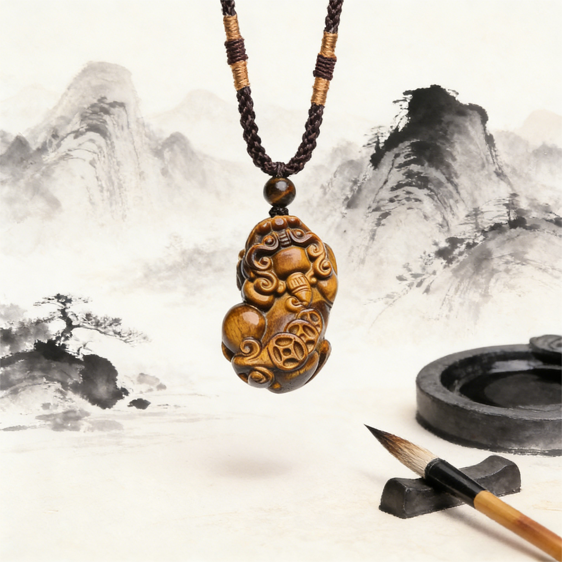 Golden Tiger Eye PiXiu Pendant Necklace with polished natural stone finish