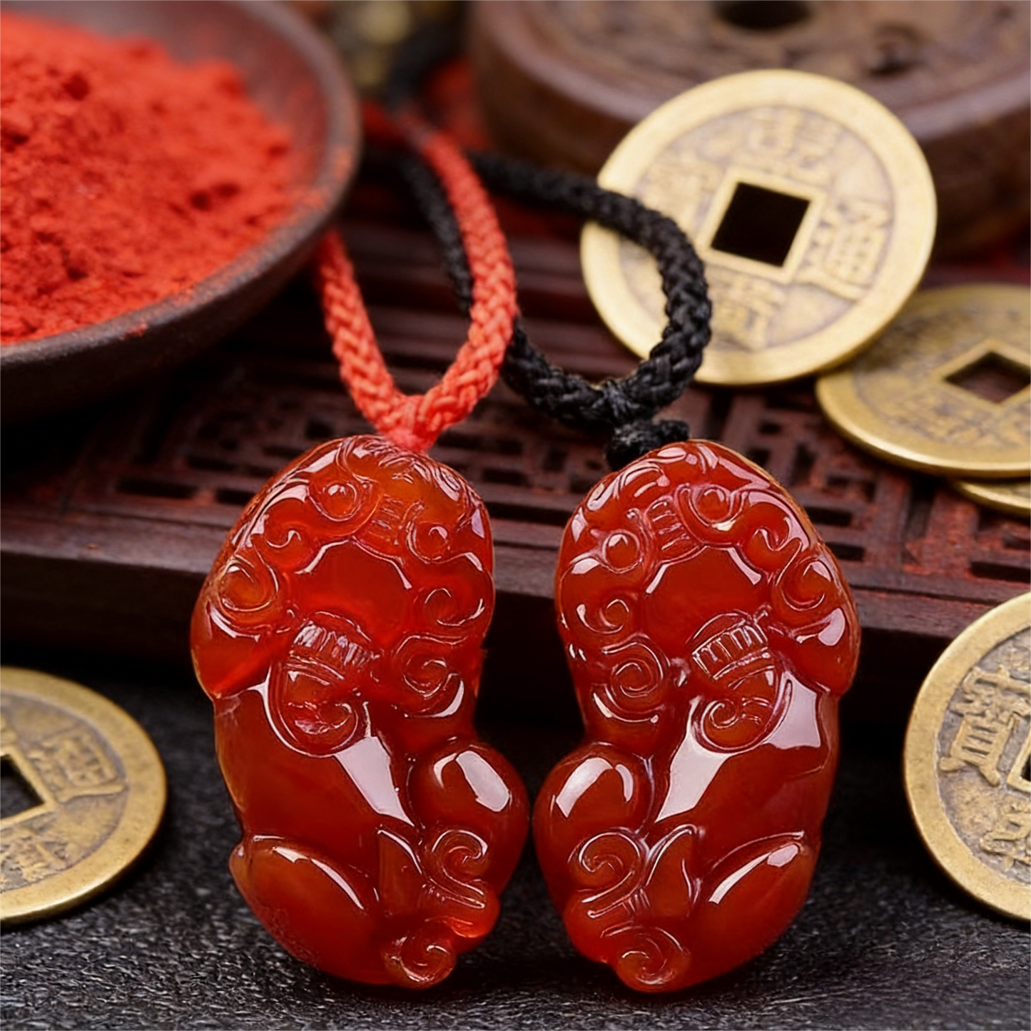 Red Agate PiXiu Pendant Necklace close-up detail