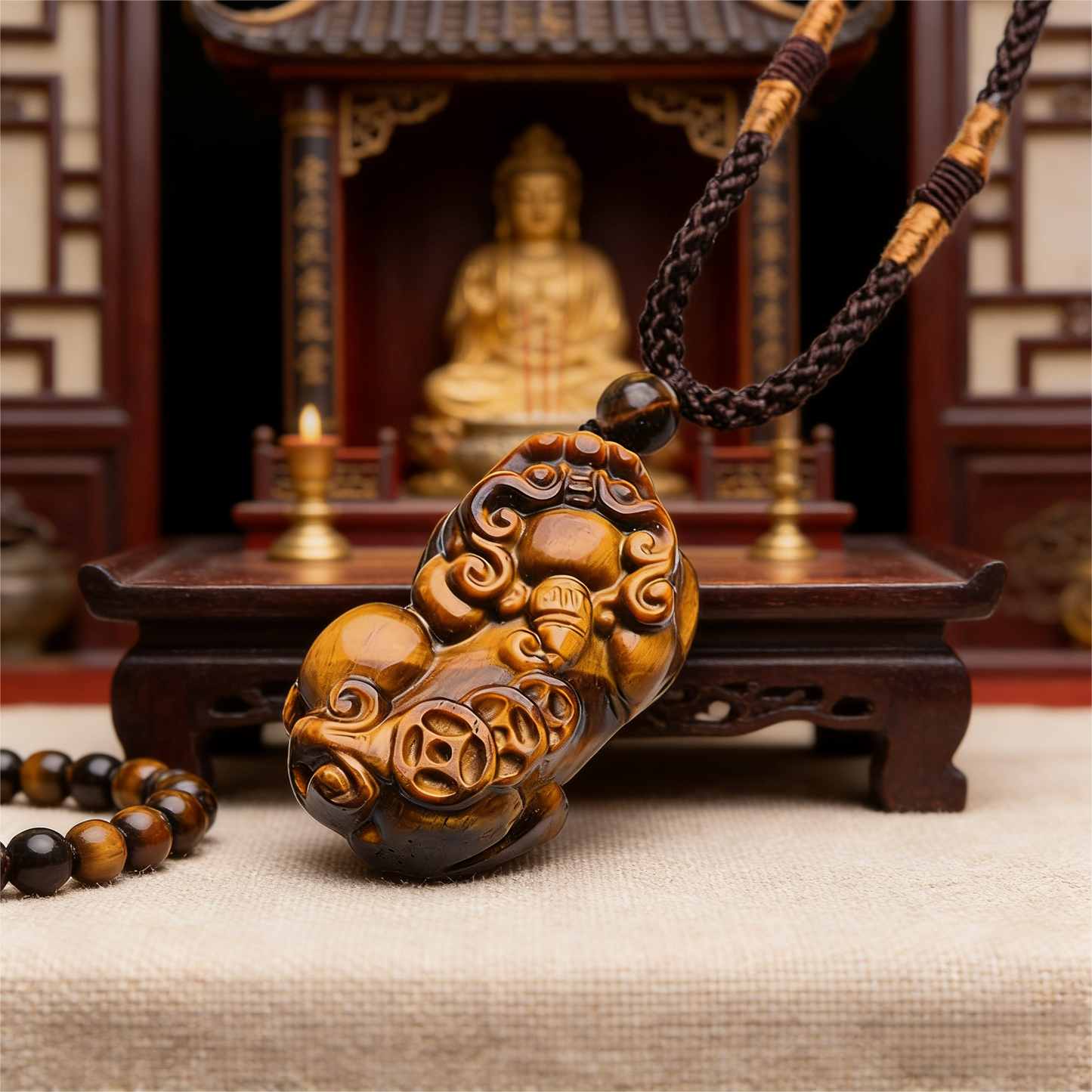 Golden Tiger Eye PiXiu Pendant Necklace close-up detail