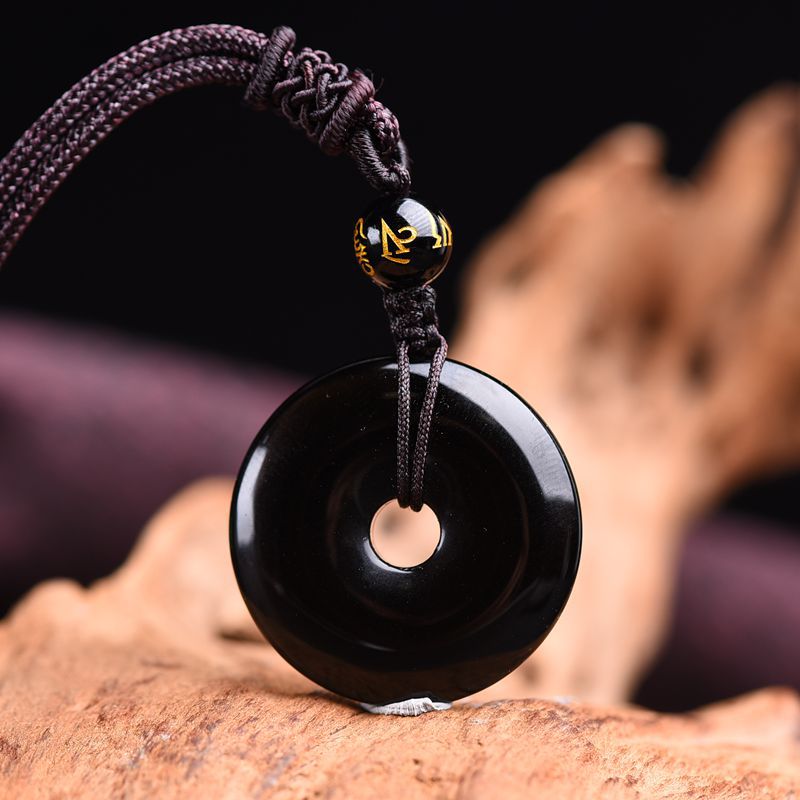 Black Obsidian Circle Pendant Necklace product photo with natural stone detail