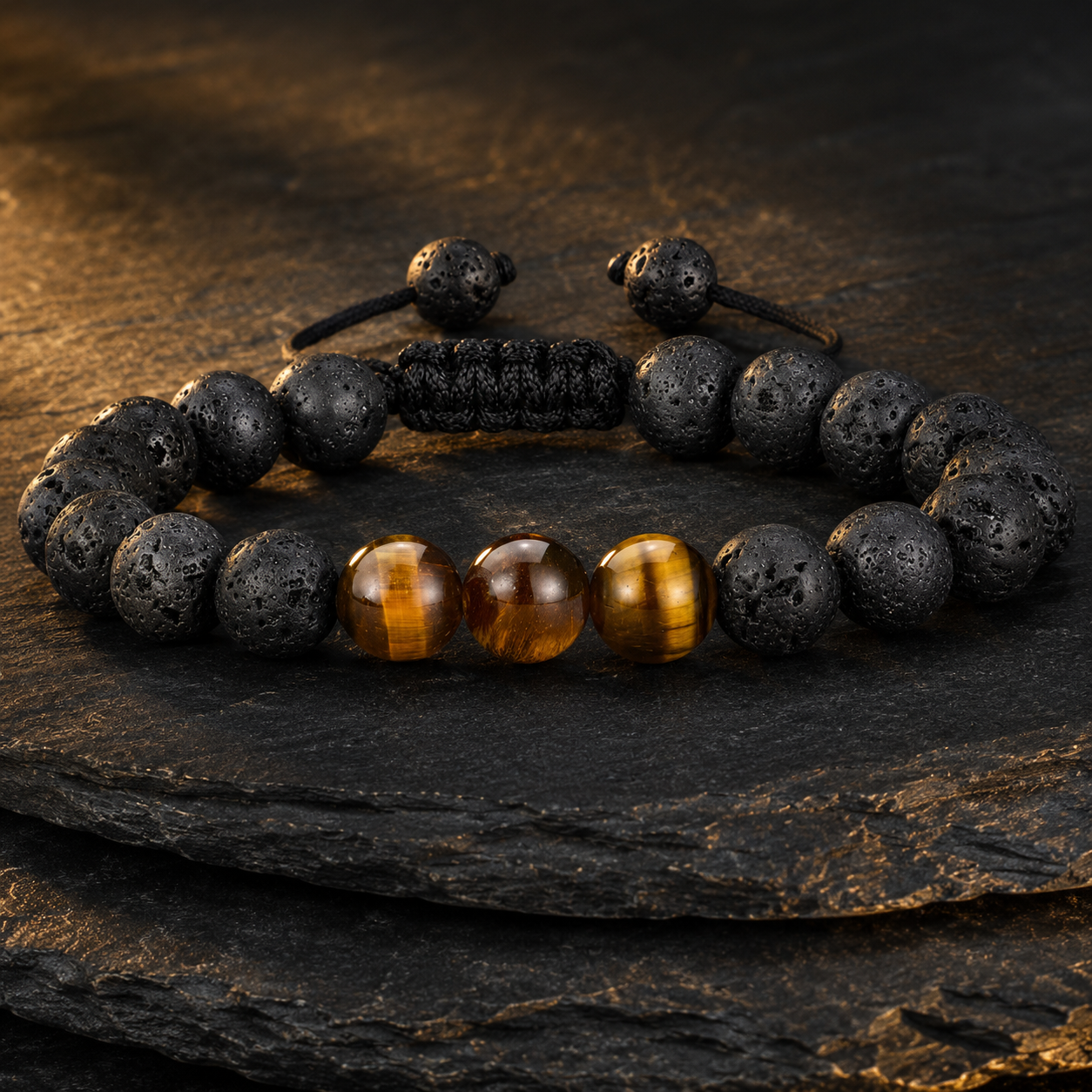 Lava Stone & Tiger Eye Bracelet styled on dark stone surface
