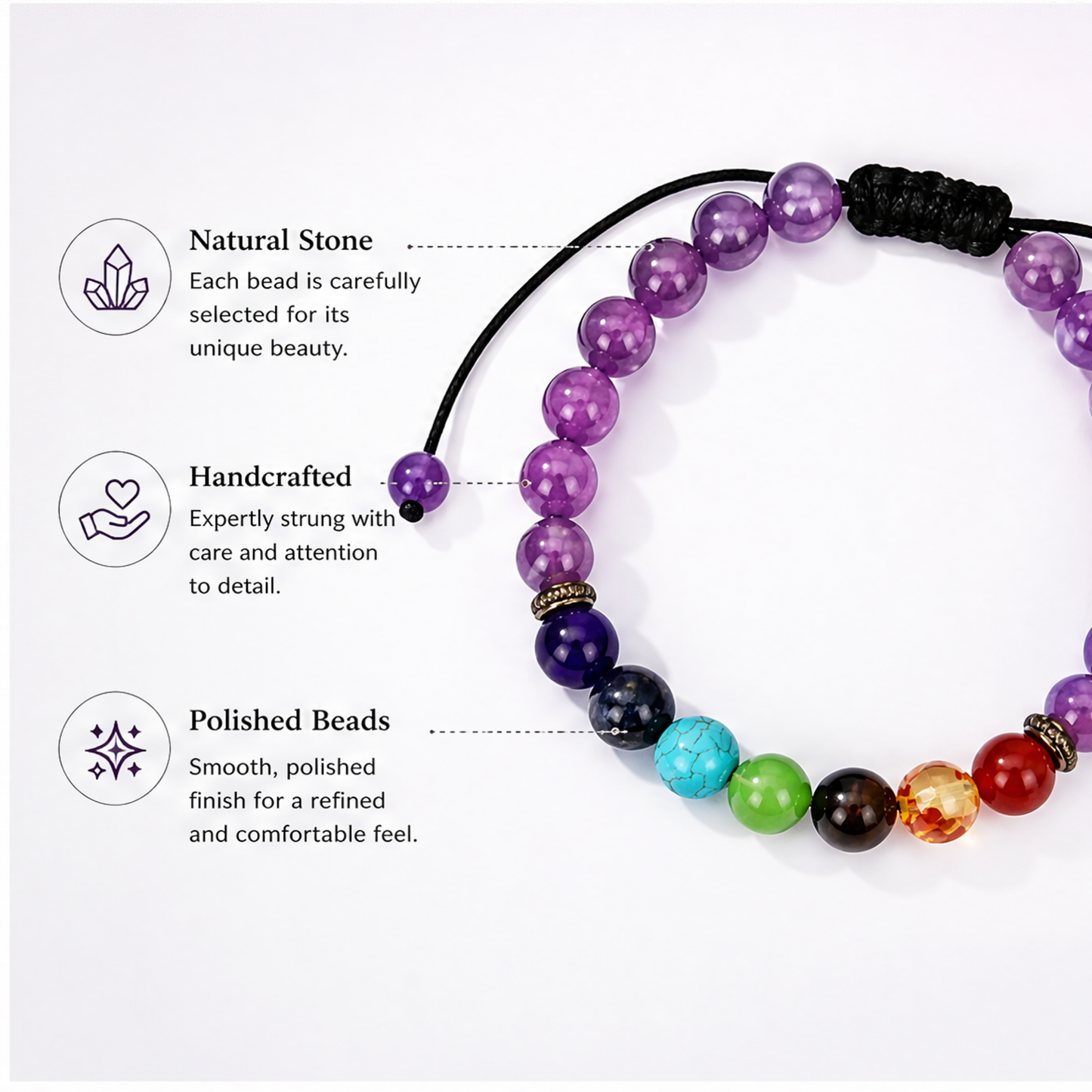 Amethyst and color stone bracelet polished bead detail