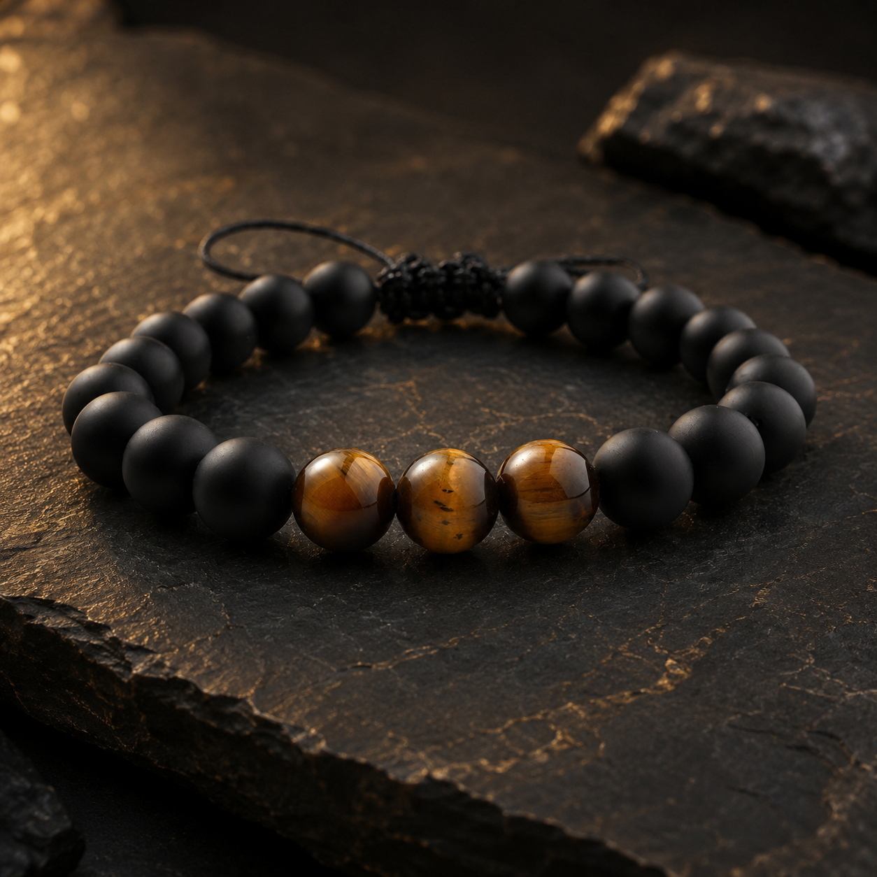 Matte Black & Tiger Eye Bracelet styled on dark stone surface