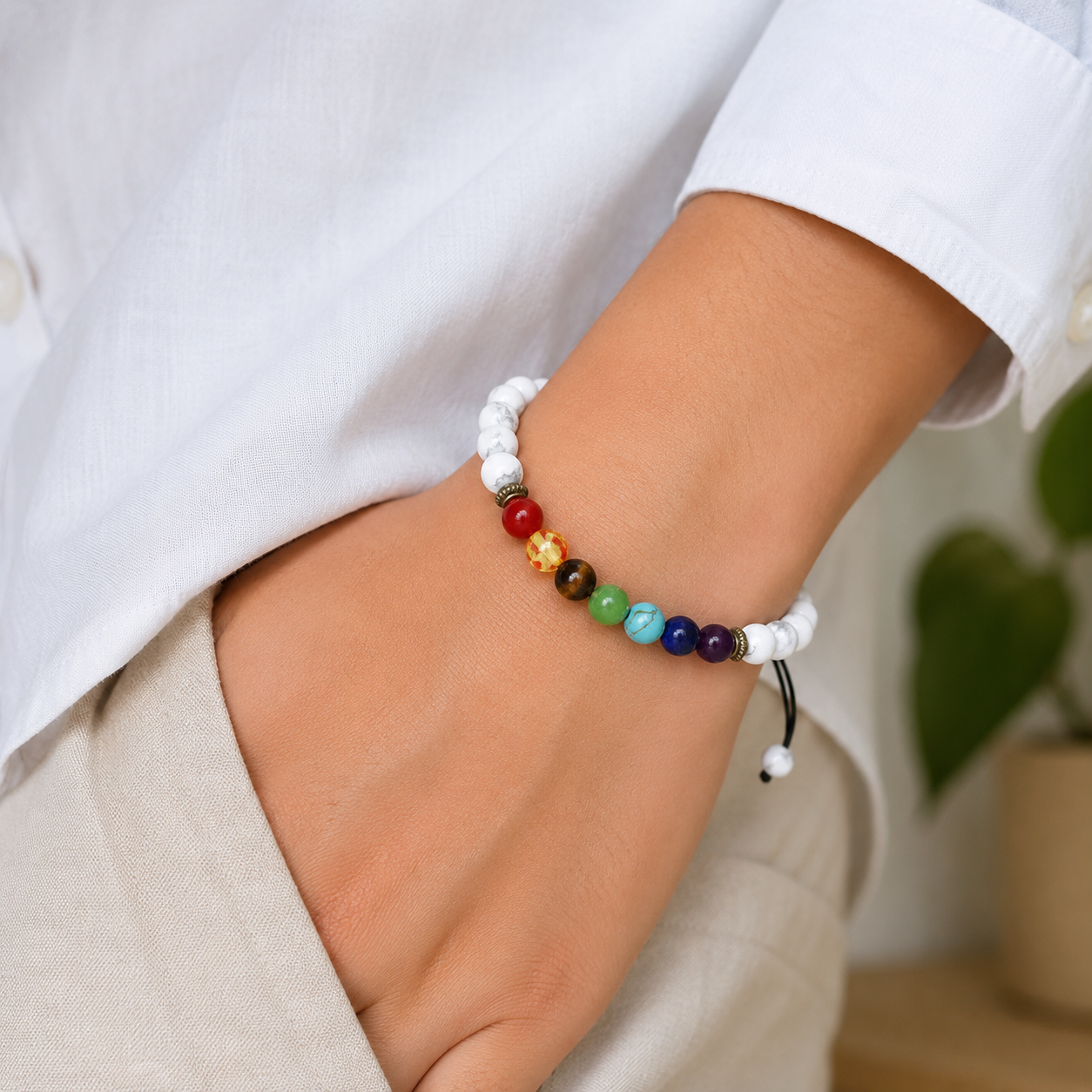 White Turquoise-Style Stone Bracelet worn with white shirt