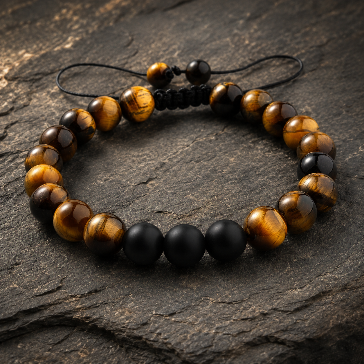Tiger Eye & Matte Black Bracelet styled on dark stone surface