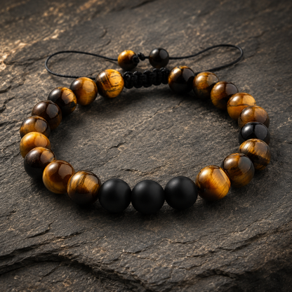 Tiger Eye & Matte Black Bracelet styled on dark stone surface