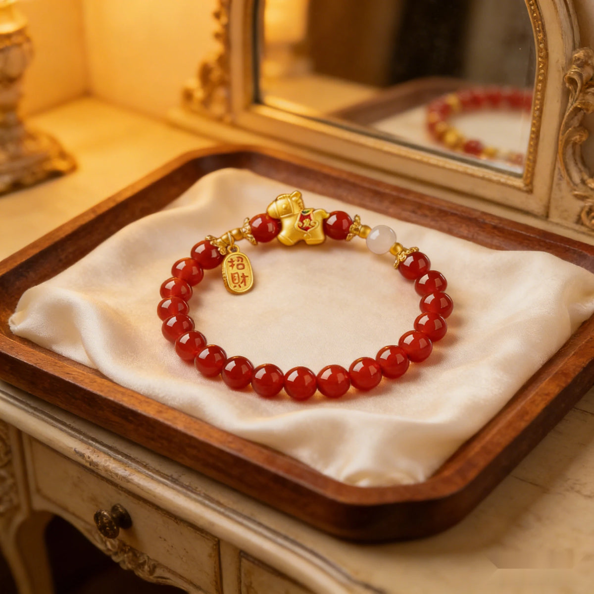 Red Agate Bracelet with Golden Horse Detail — alternate angle