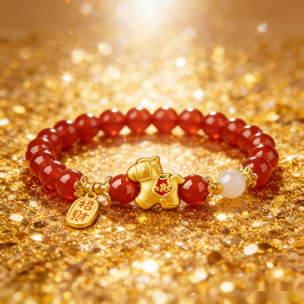 Red Agate Bracelet with Golden Horse Detail — stone and surface detail