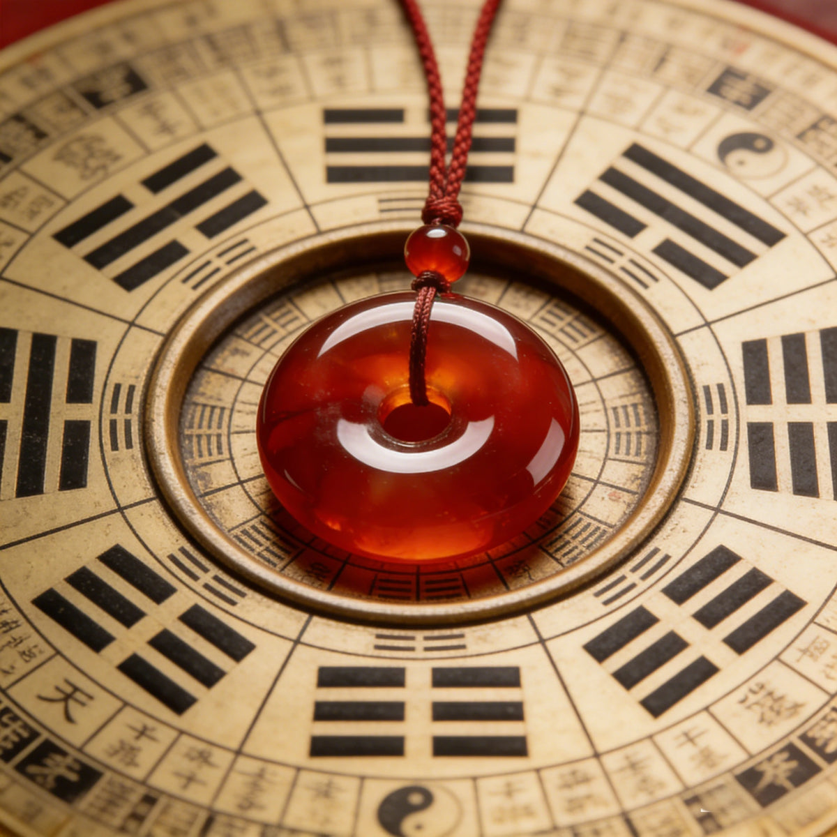 Red Agate Circle Pendant Necklace — stone and surface detail