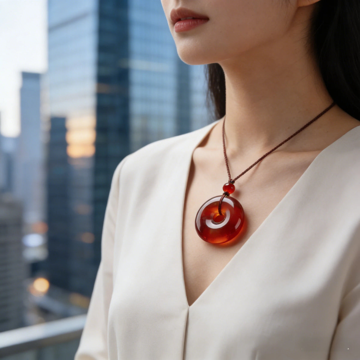 Red Agate Circle Pendant Necklace — wearing or styling view