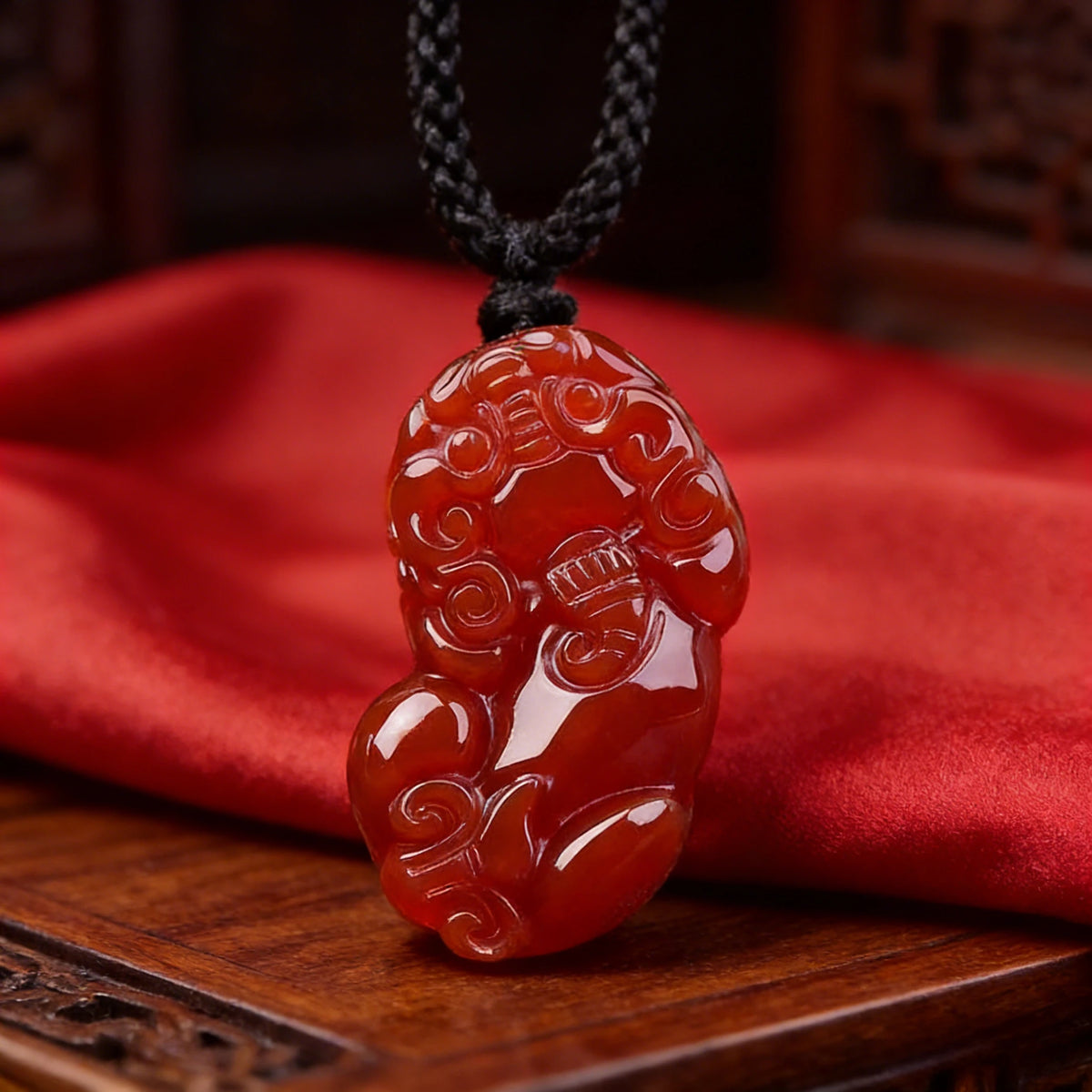 Red Agate Pixiu Pendant Necklace — gift presentation view