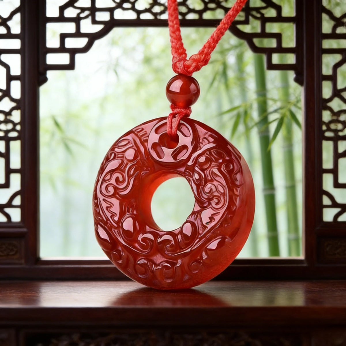 Red Agate Pixiu Pendant Necklace — stone and surface detail