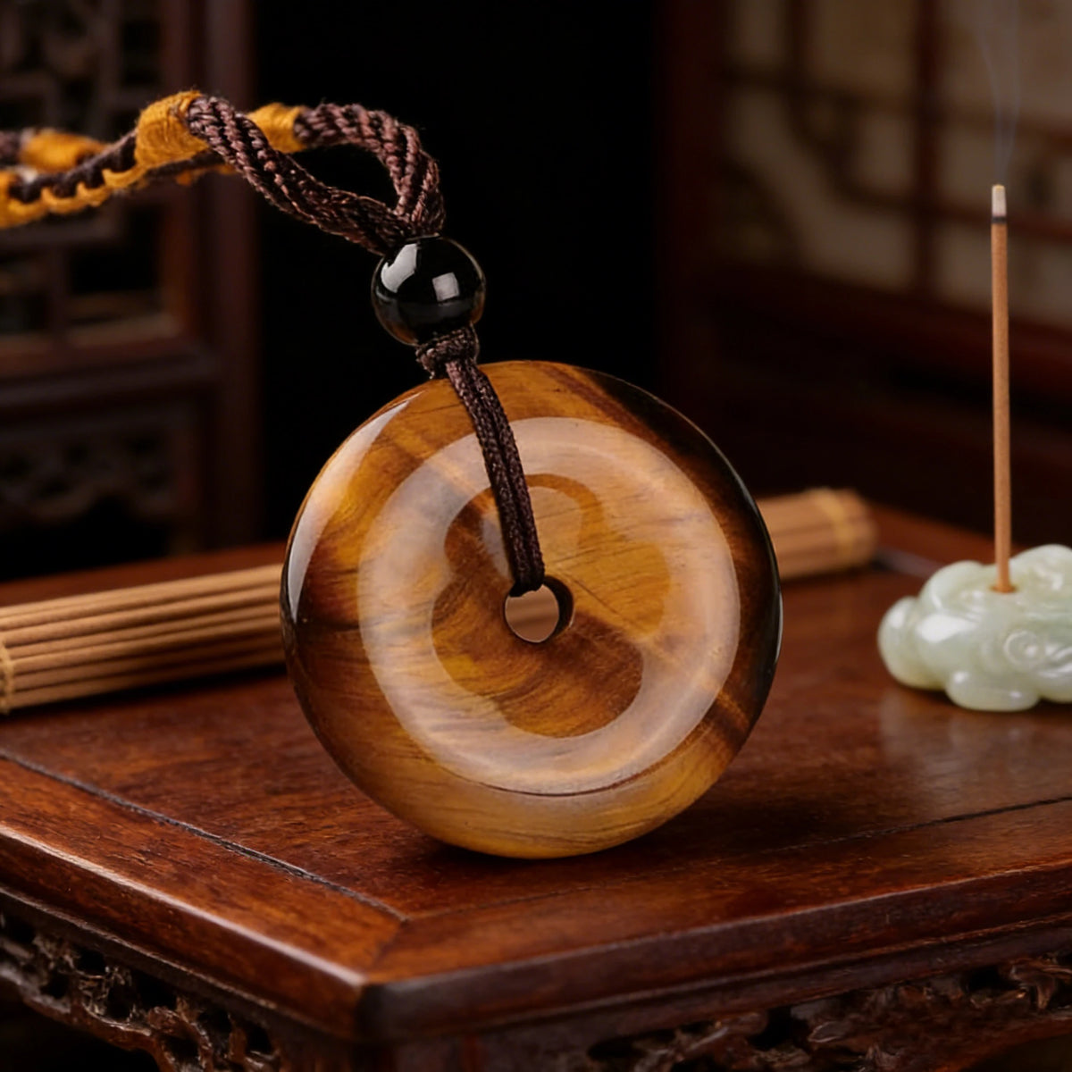 Golden Tiger Eye Circle Pendant Necklace — alternate angle