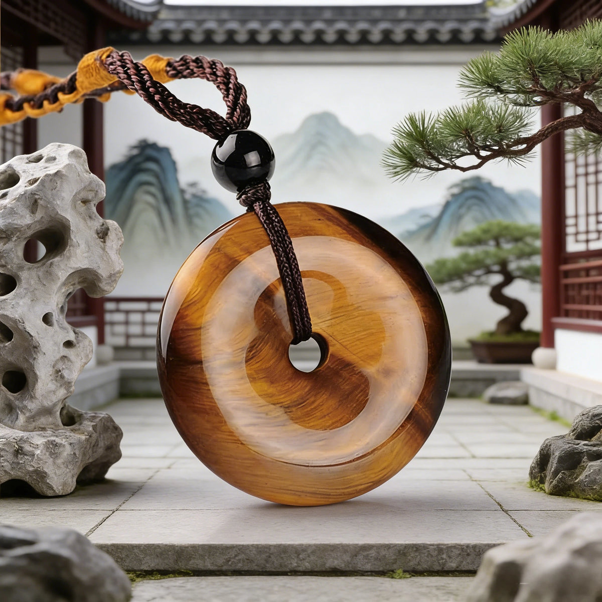 Golden Tiger Eye Circle Pendant Necklace — stone and surface detail