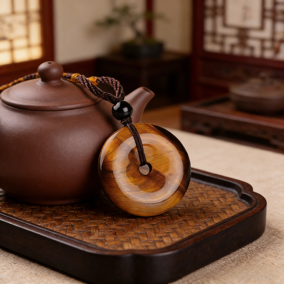 Golden Tiger Eye Circle Pendant Necklace — wearing or styling view