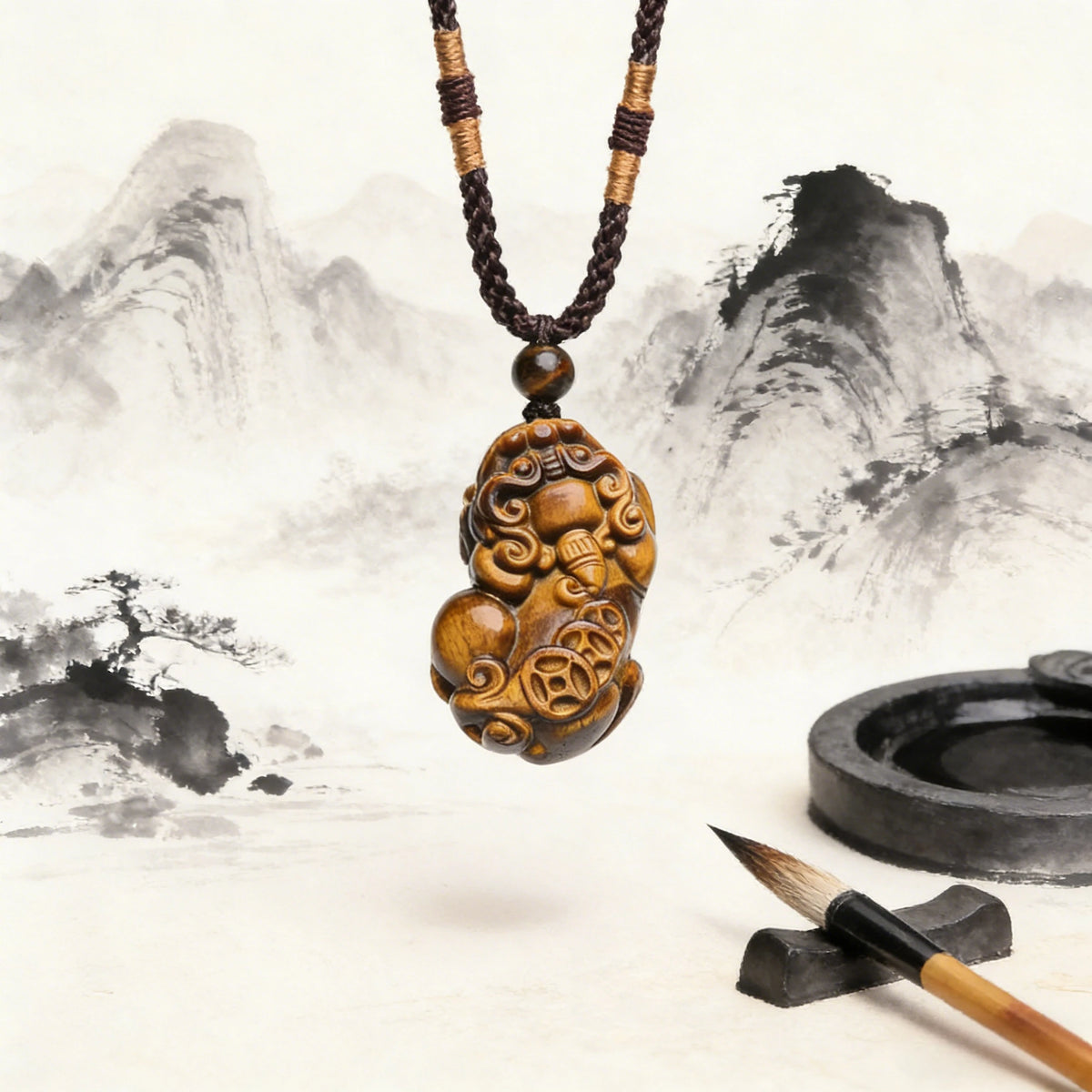Golden Tiger Eye Pixiu Pendant Necklace — stone and surface detail