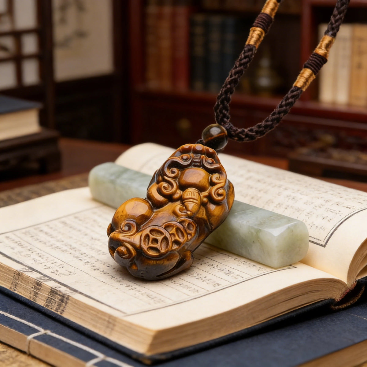 Golden Tiger Eye Pixiu Pendant Necklace — scale and proportion view
