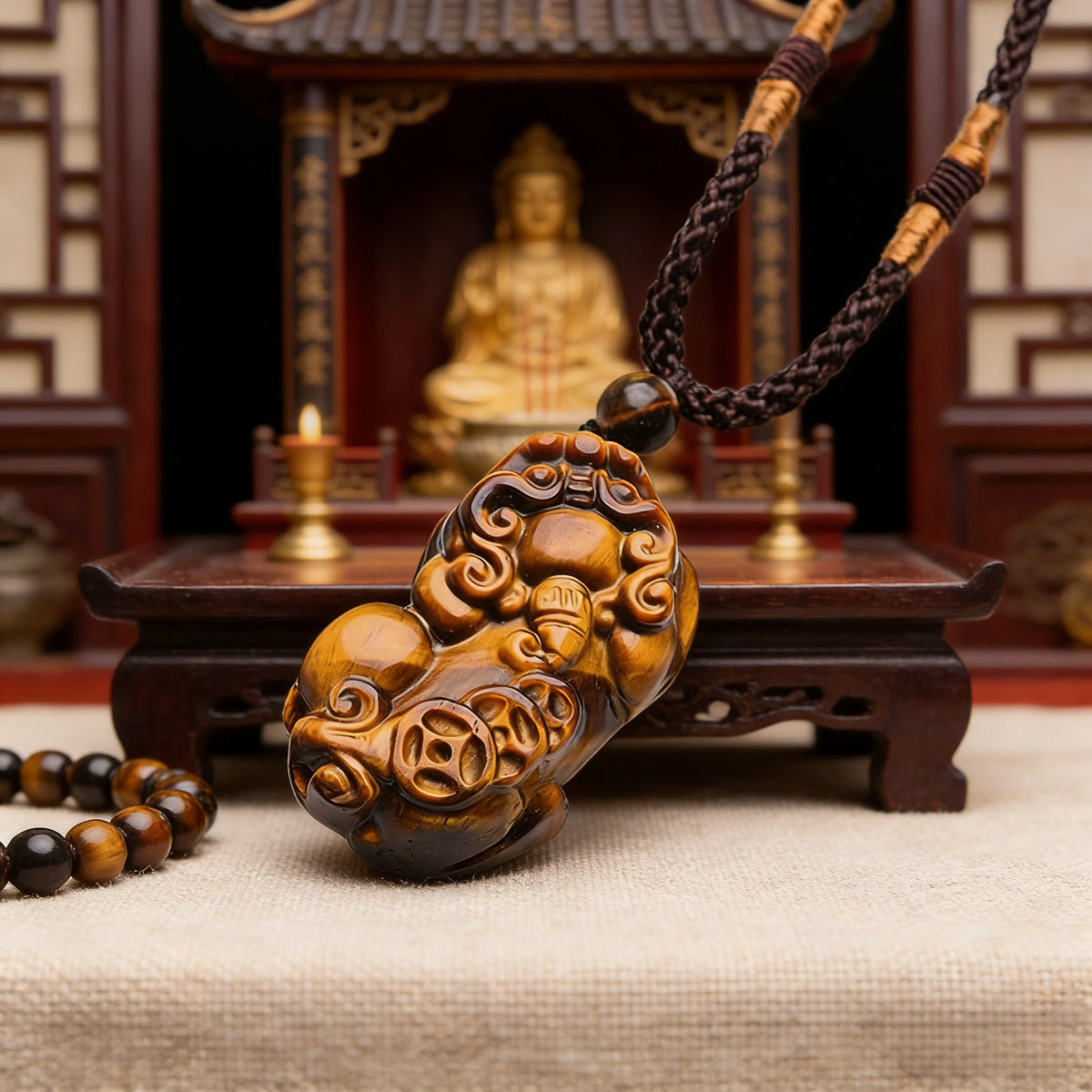 Golden Tiger Eye Pixiu Pendant Necklace — wearing or styling view