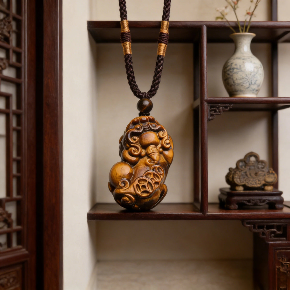 Golden Tiger Eye Pixiu Pendant Necklace — closure or construction detail