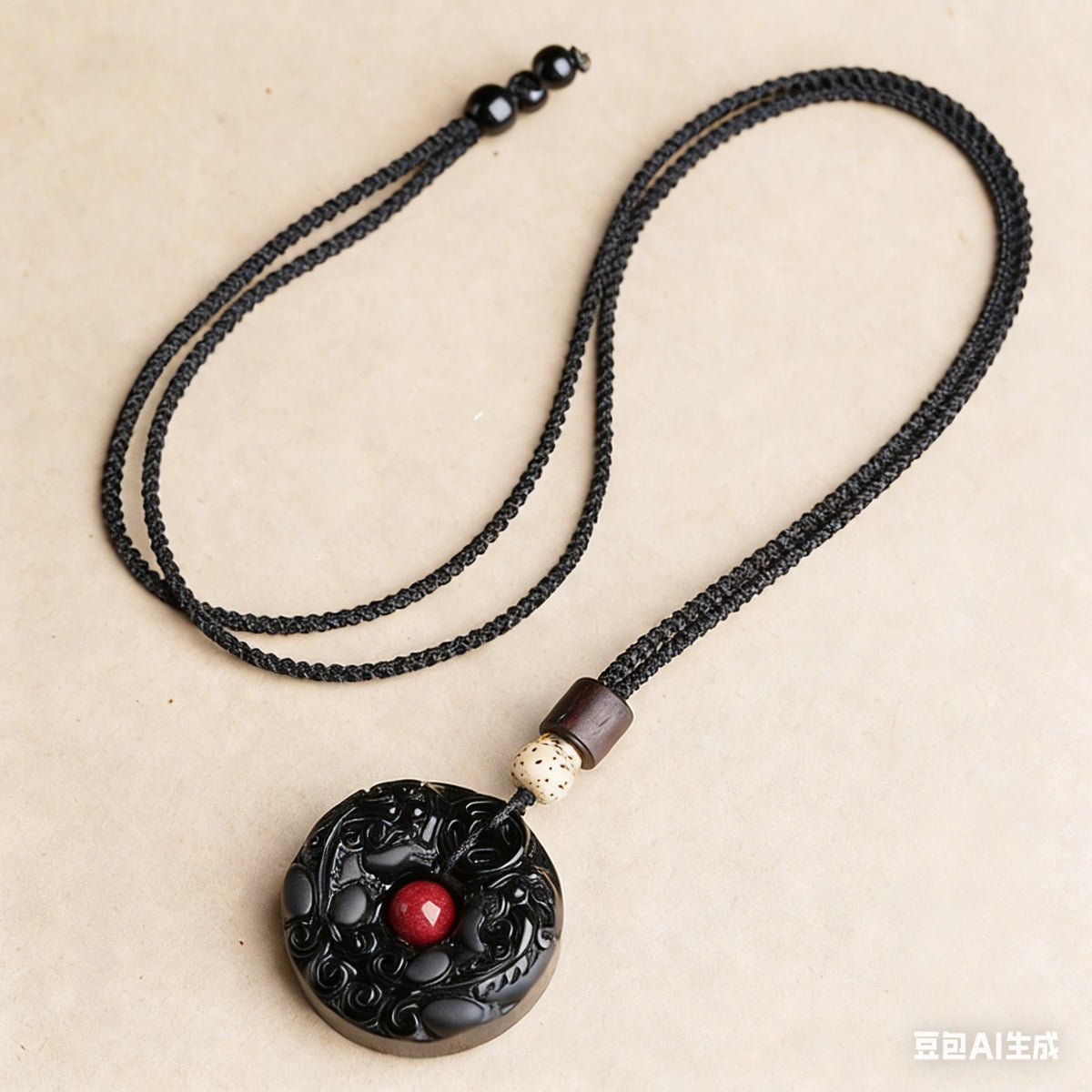 Black Obsidian Pixiu Pendant Necklace — scale and proportion view