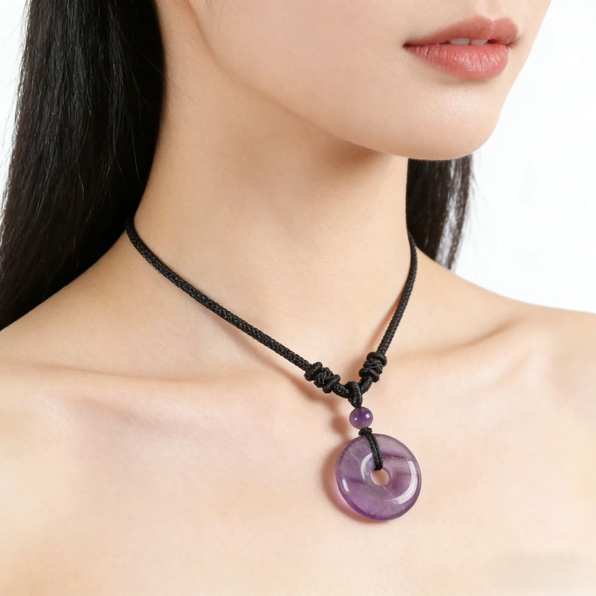 Amethyst Circle Pendant Necklace — stone and surface detail