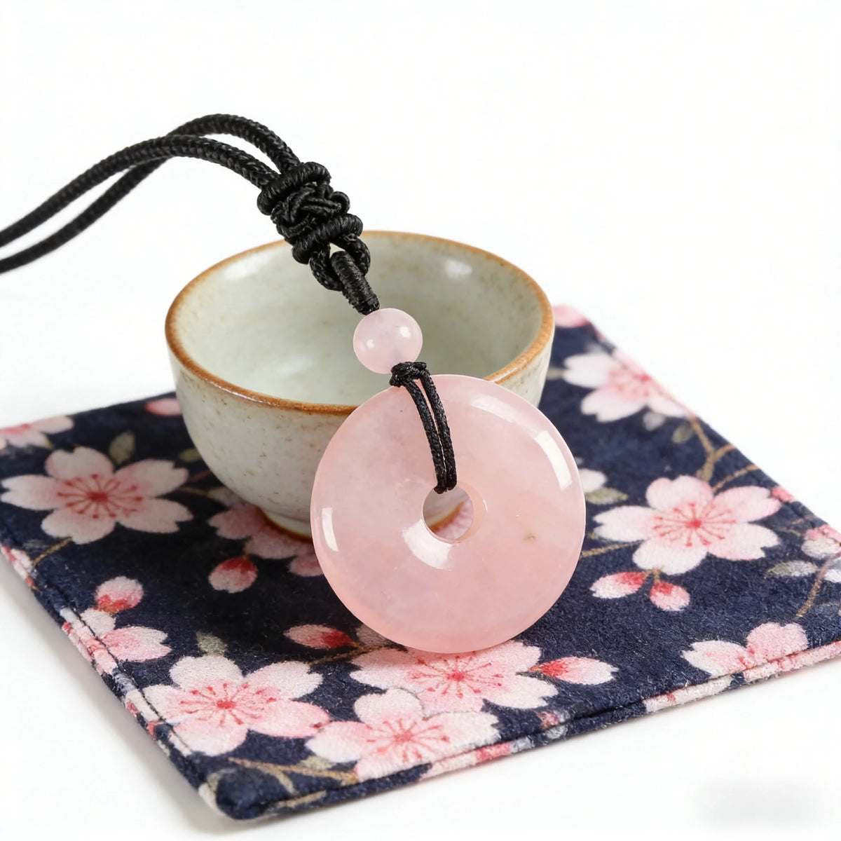 Rose Quartz Circle Pendant Necklace — scale and proportion view