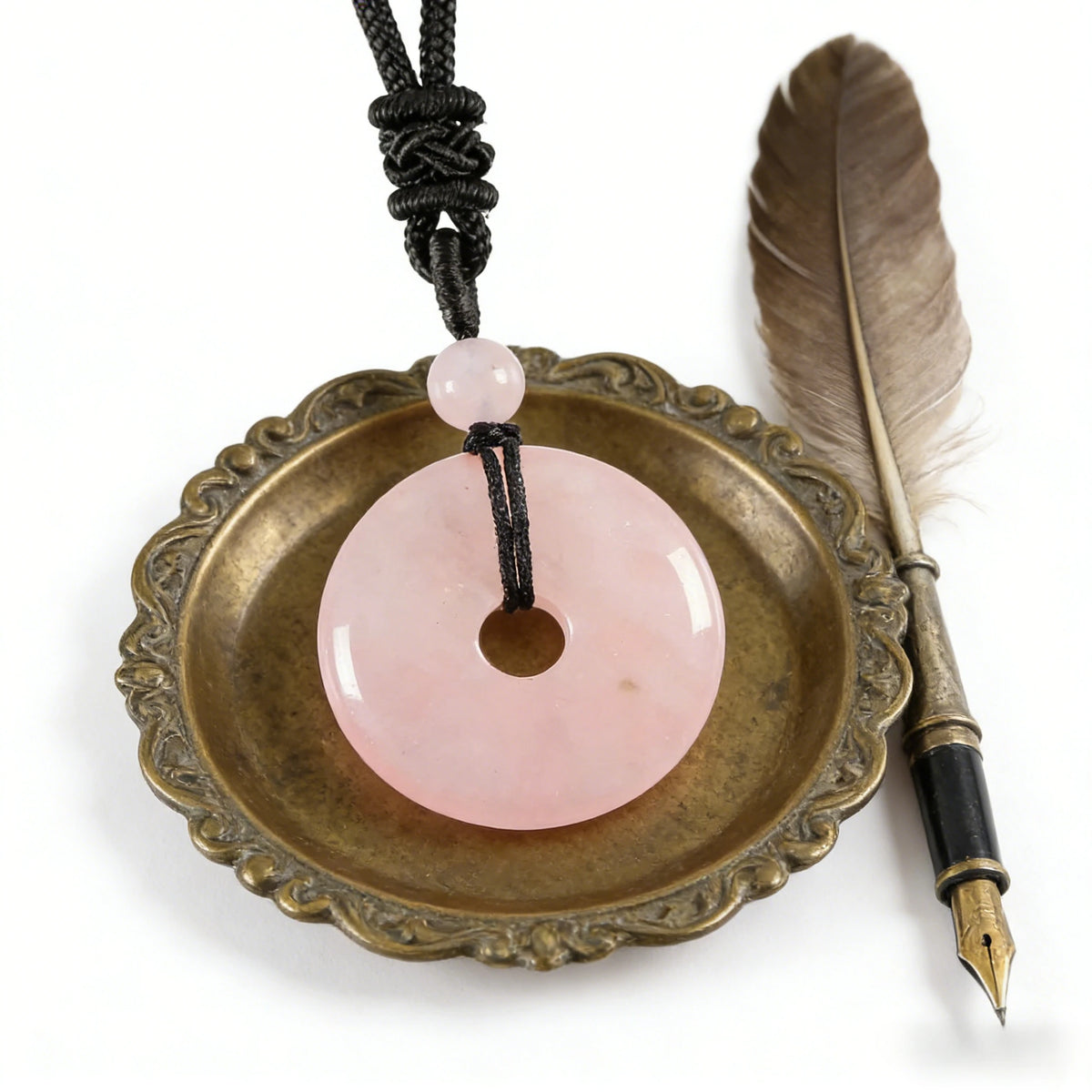 Rose Quartz Circle Pendant Necklace — wearing or styling view
