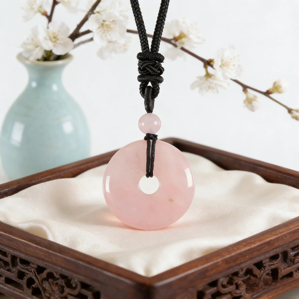 Rose Quartz Circle Pendant Necklace — gift presentation view