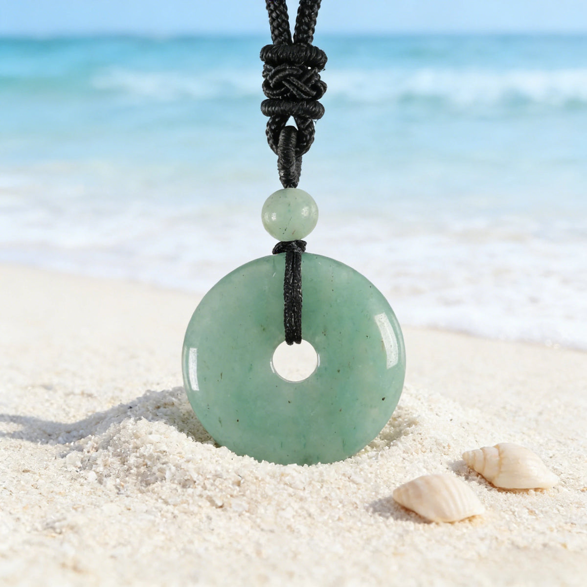 Green Aventurine Circle Pendant Necklace — stone and surface detail
