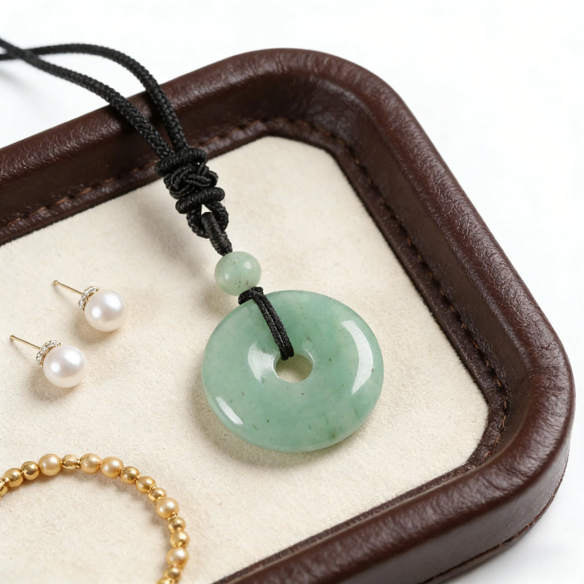 Green Aventurine Circle Pendant Necklace — wearing or styling view