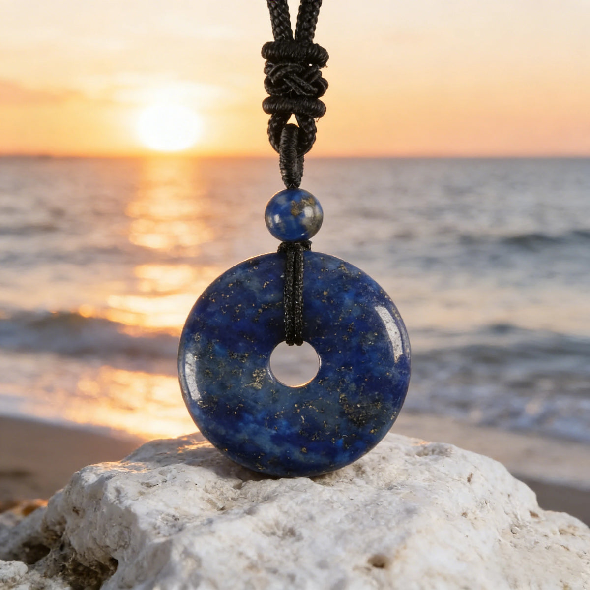 Lapis Lazuli Circle Pendant Necklace — stone and surface detail