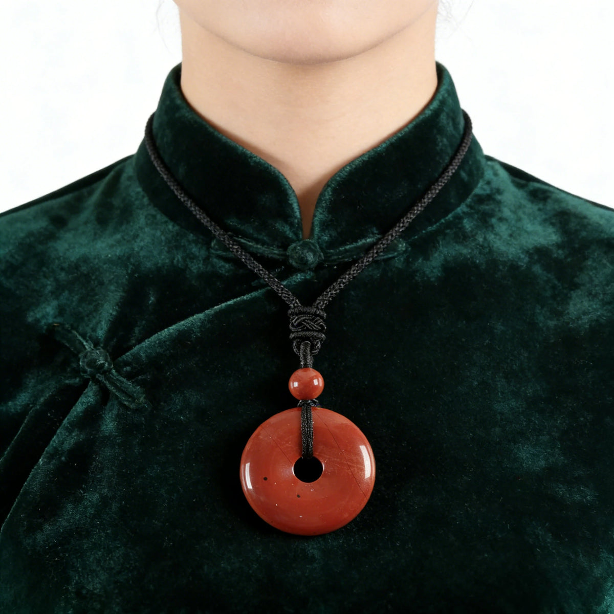 Red Jasper Circle Pendant Necklace — stone and surface detail