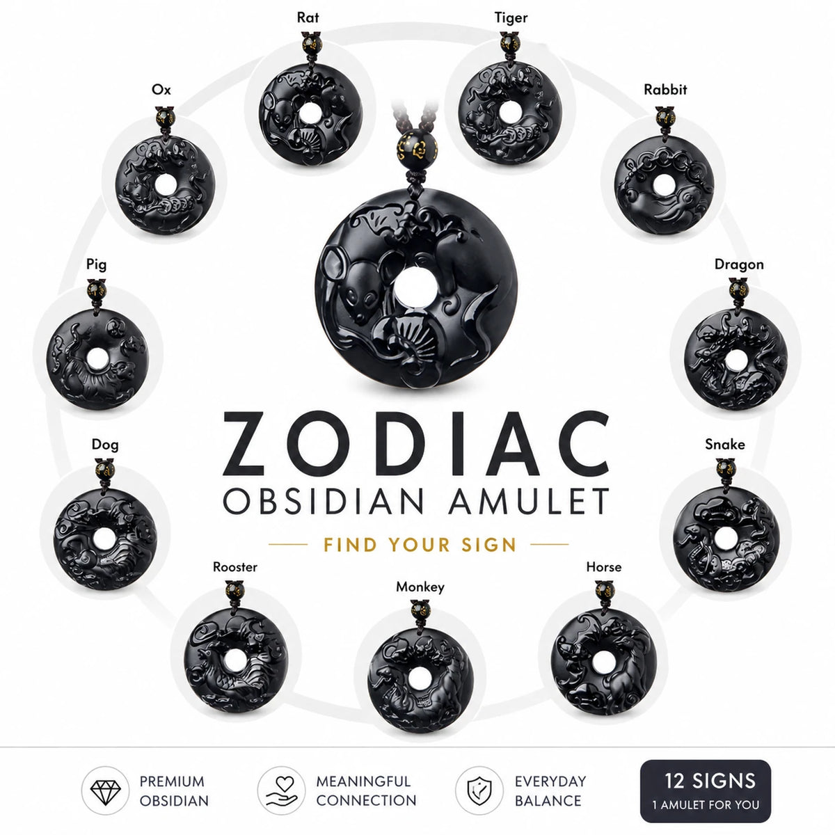 12 Zodiac Black Obsidian Pendant Necklace — primary product view