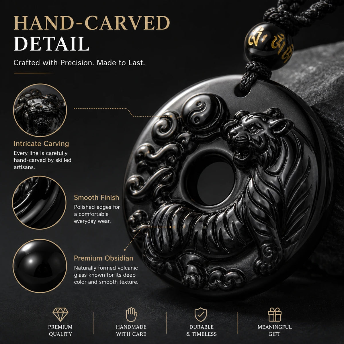 12 Zodiac Black Obsidian Pendant Necklace — scale and proportion view