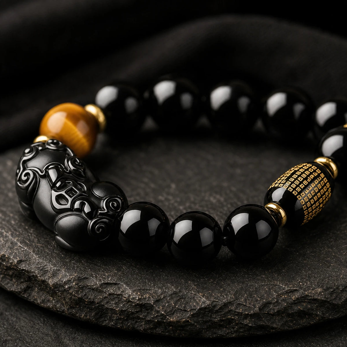 Black Obsidian Pixiu Bracelet with Tiger Eye — scale and proportion view