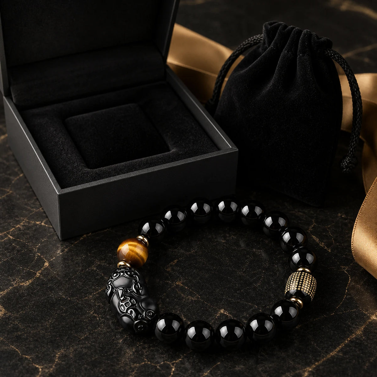 Black Obsidian Pixiu Bracelet with Tiger Eye — wearing or styling view