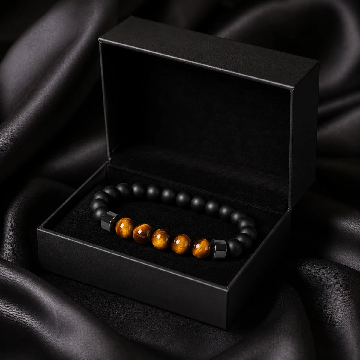 Tiger Eye & Matte Black Bracelet — closure or construction detail