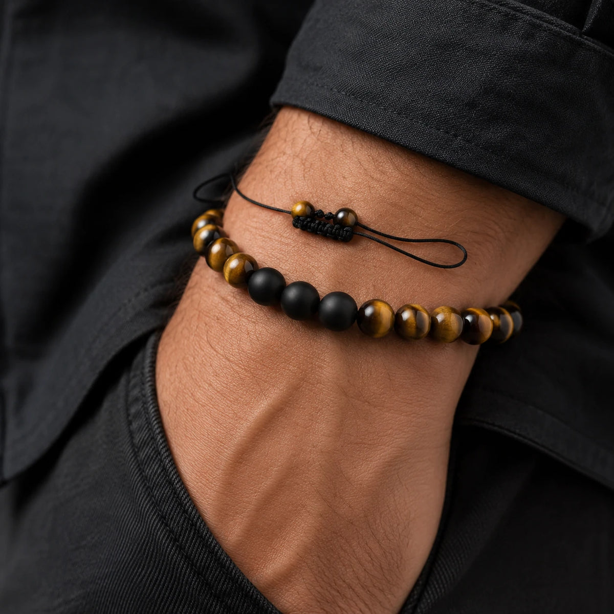 Tiger Eye & Matte Black Bracelet — stone and surface detail