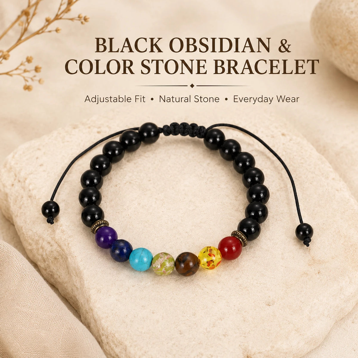 Black Obsidian Color Accent Bracelet — stone and surface detail