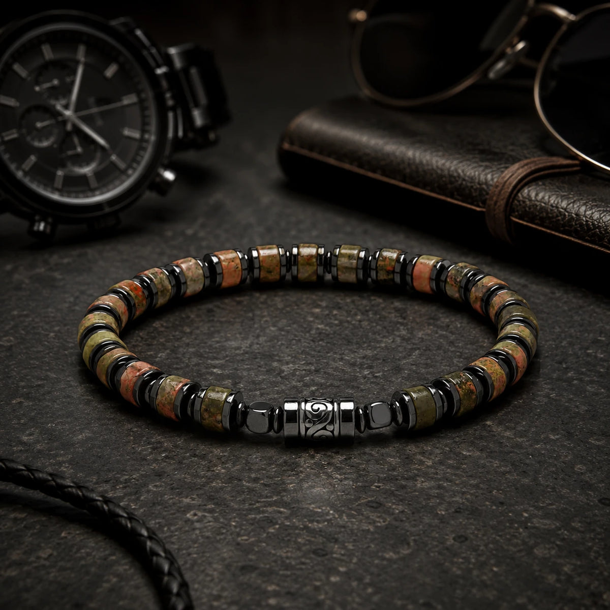 Old Roads Flower Green Stone Bracelet — wearing or styling view