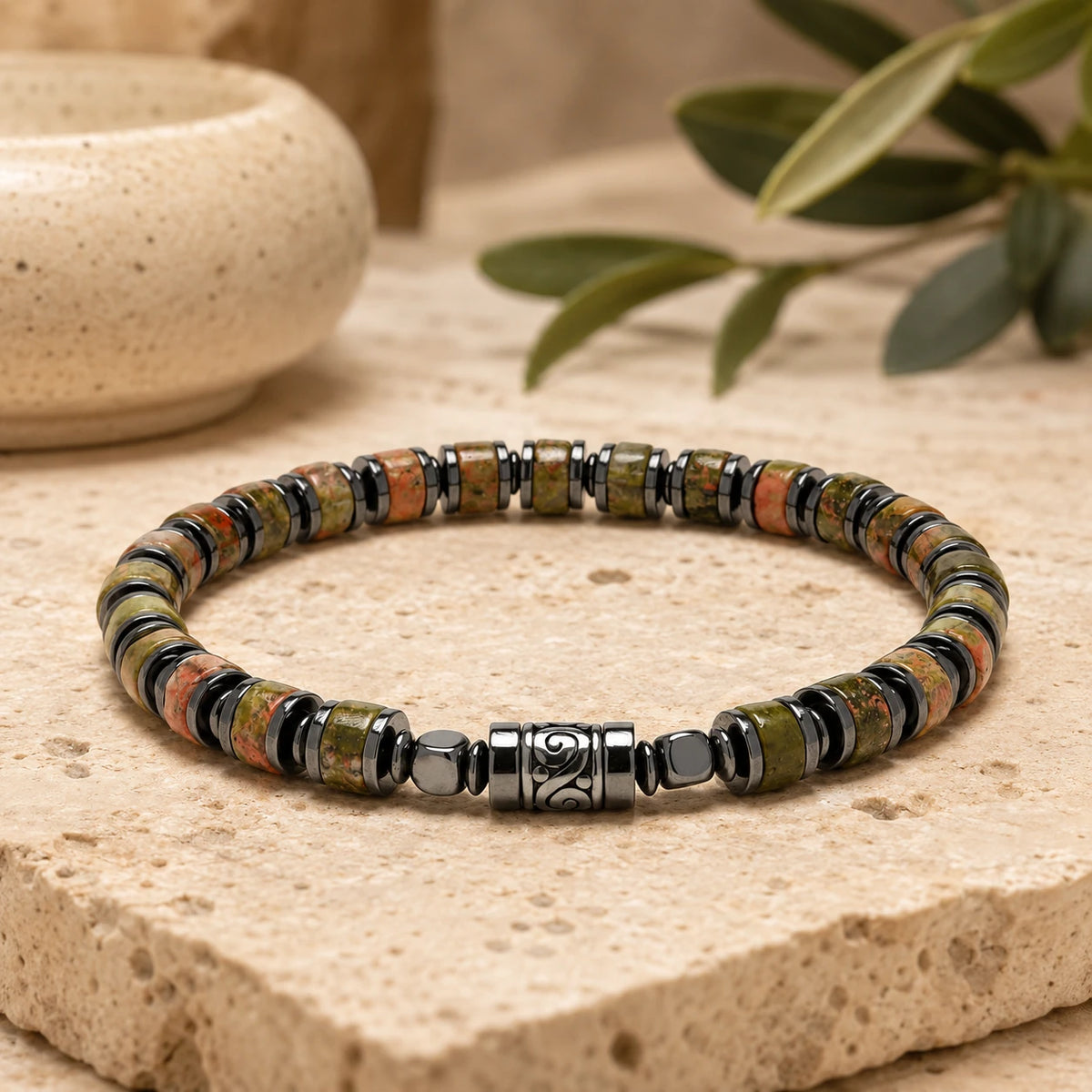 Old Roads Flower Green Stone Bracelet — scale and proportion view
