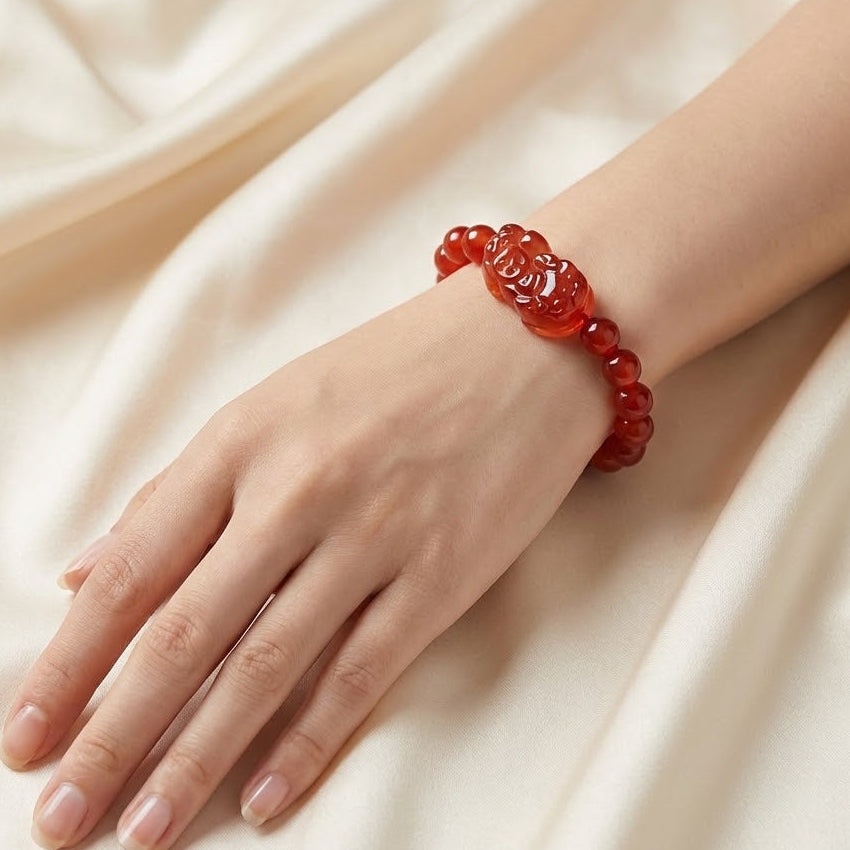 Wealth Guardian Red Agate & Gold-Etched PiXiu Talisman