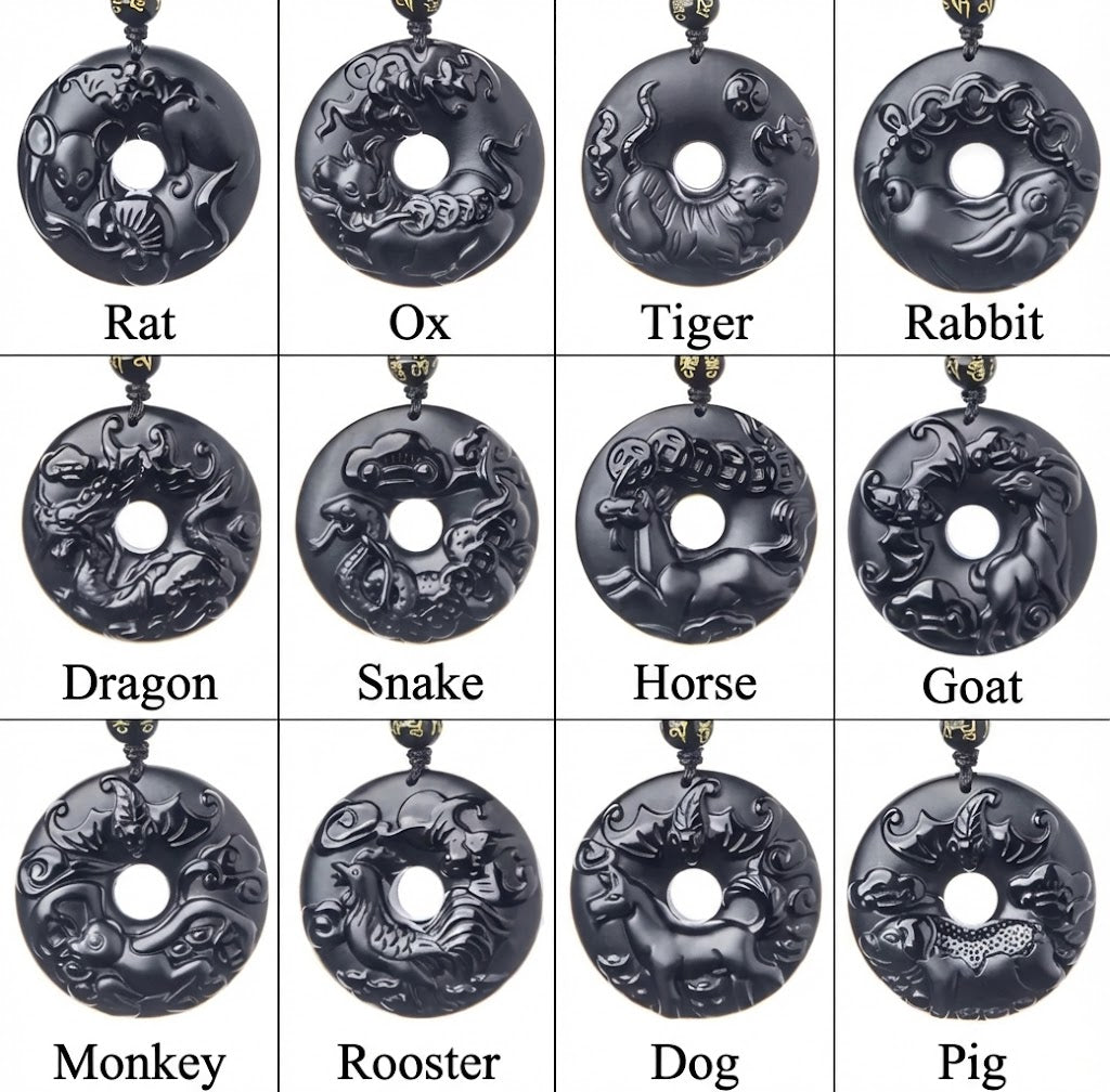 12 Zodiac Black Obsidian "Circle of Karma" Protection Amulet