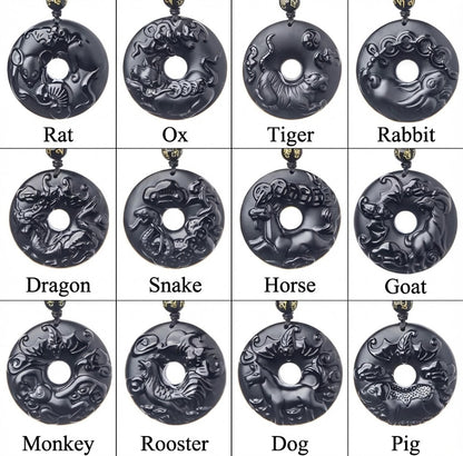 12 Zodiac Black Obsidian "Circle of Karma" Protection Amulet
