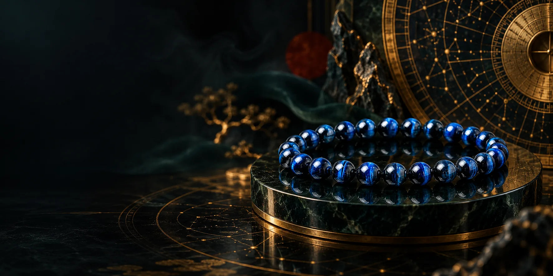 Blue tiger eye bracelet with an antique-gold celestial compass backdrop